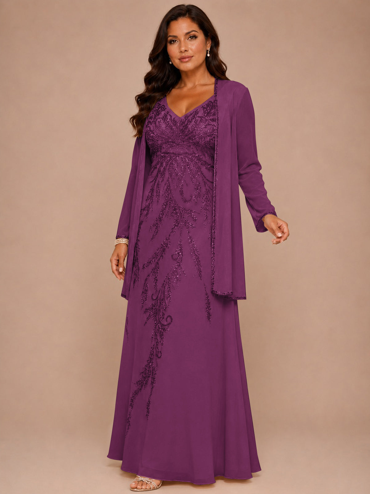 Champagne Beaded Chiffon Mother of the Bride Dress with Jacket V-Neck Gown