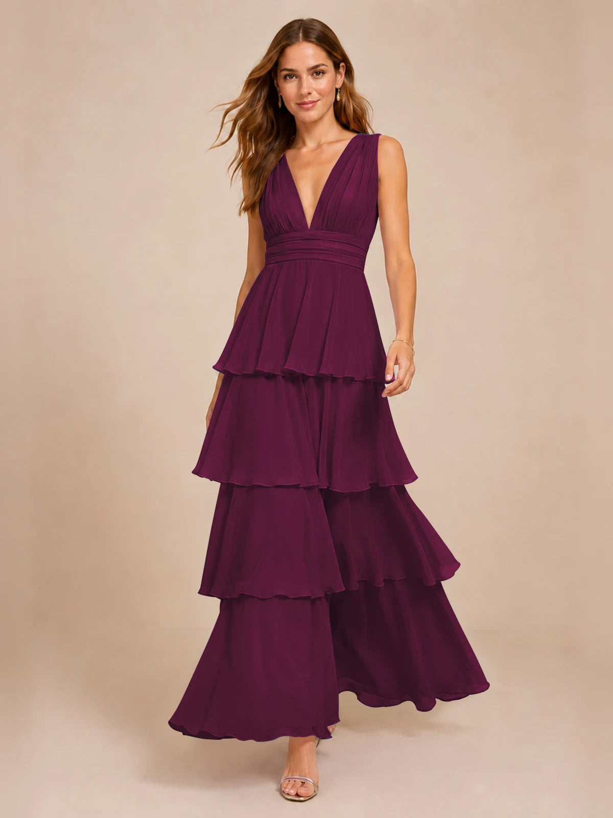 Elegant Deep V Neck Chiffon Bridesmaid Dress with Tiered Ruffles