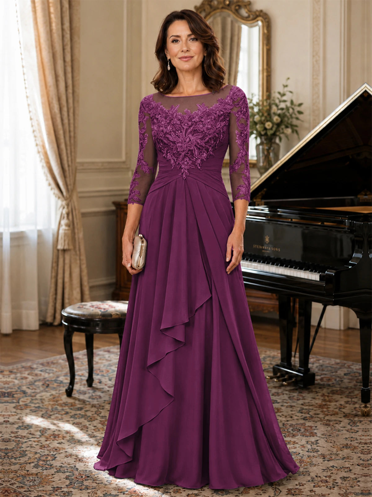 A-Line Chiffon Mother of the Bride Dress with Floral Applique 3/4 Sleeves