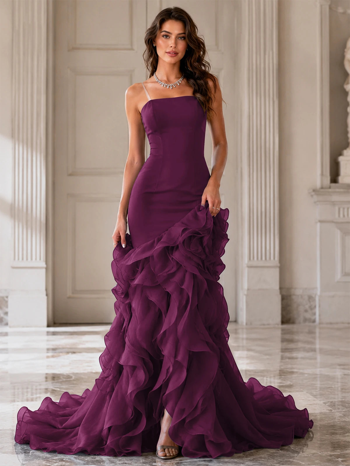 Mermaid Formal Evening Dress with Layered Ruffle Train