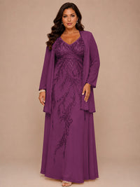 Champagne Beaded Chiffon Mother of the Bride Dress with Jacket V-Neck Gown