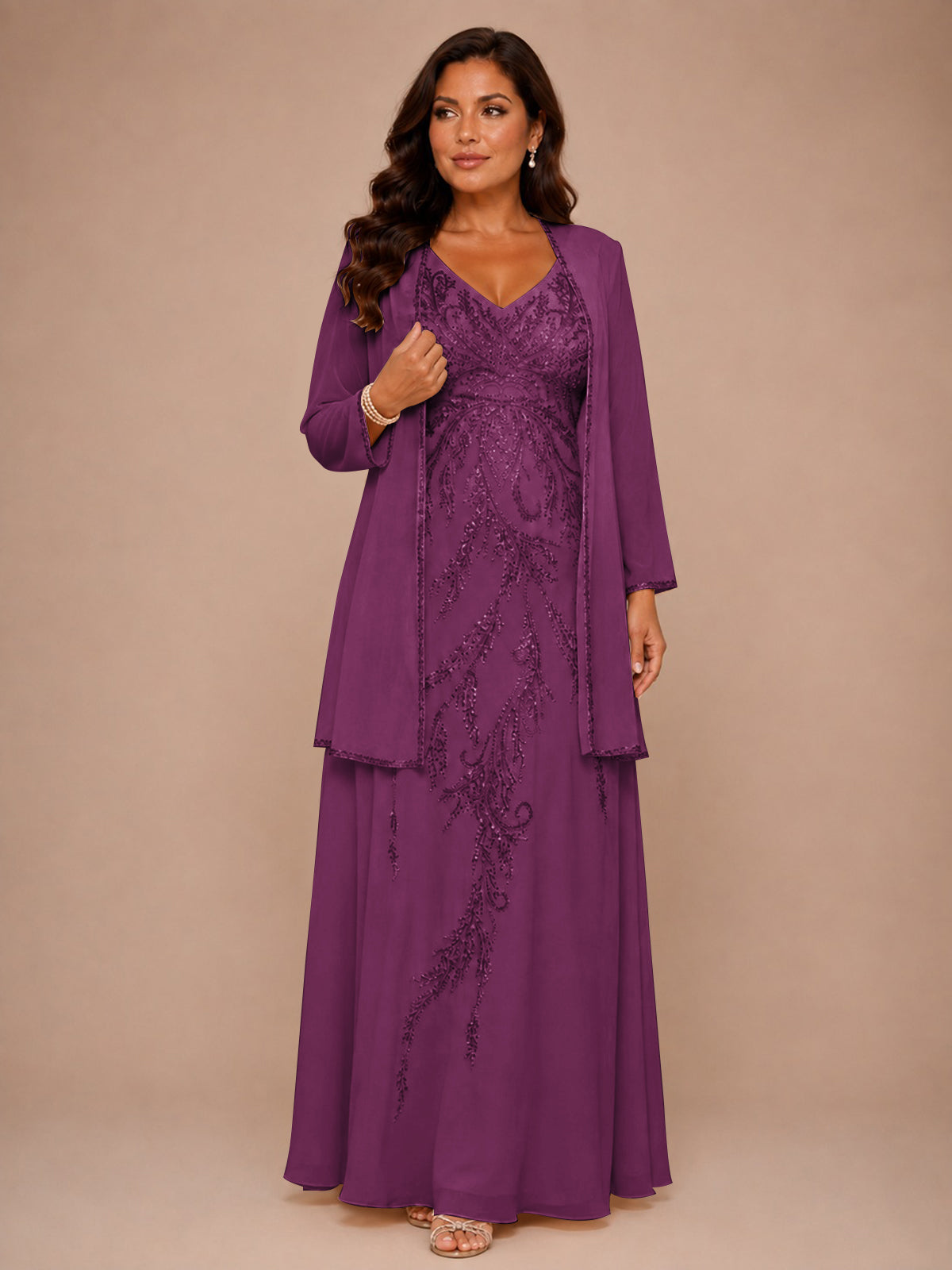 Champagne Beaded Chiffon Mother of the Bride Dress with Jacket V-Neck Gown