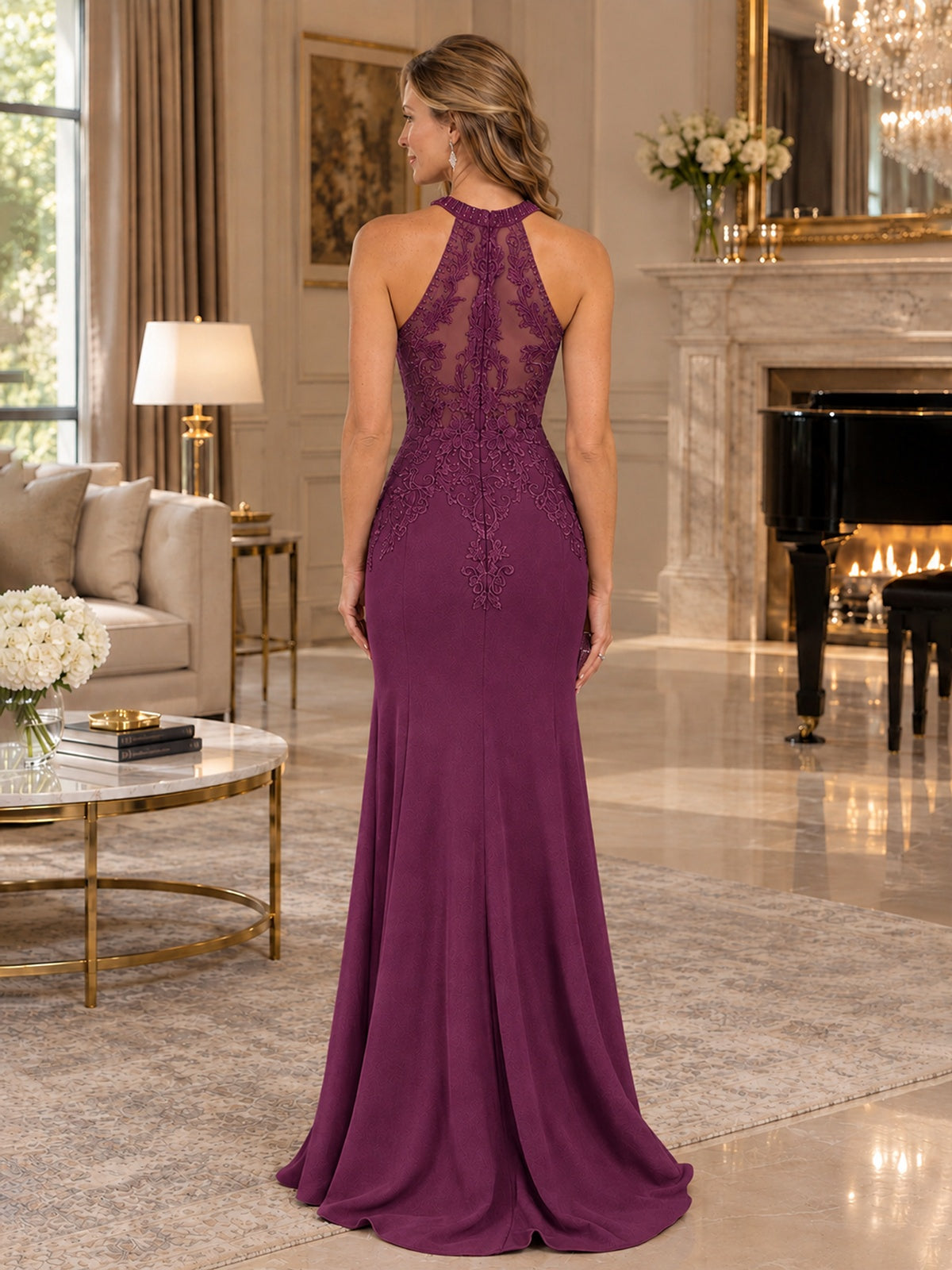 Halter Neckline Lace Appliques Mother of The Bride Dresses