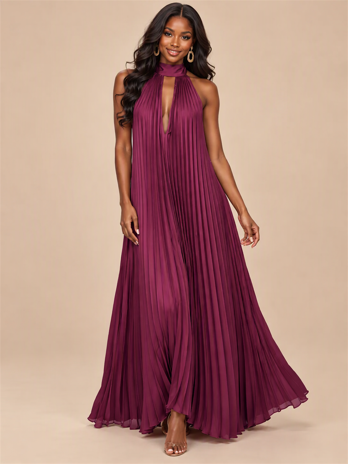 Rust Orange Pleated Halter Neck Maxi Dress