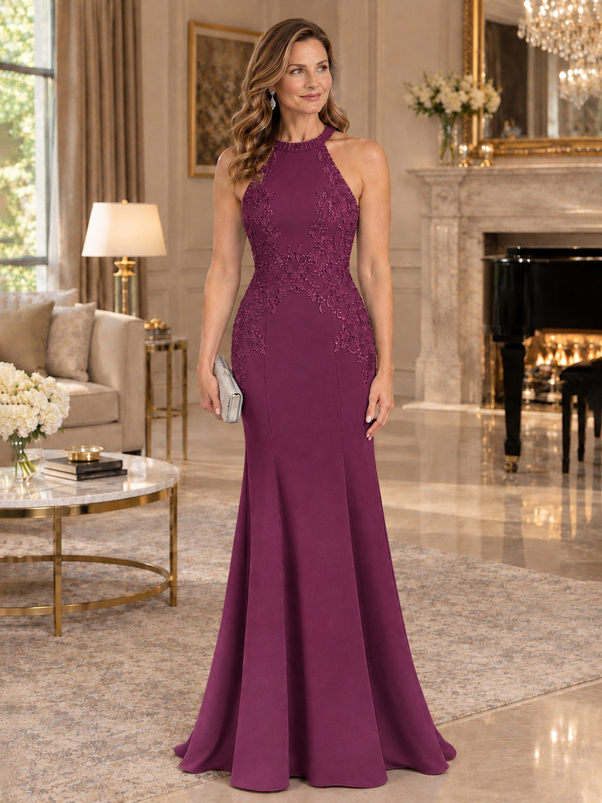 Halter Neckline Lace Appliques Mother of The Bride Dresses