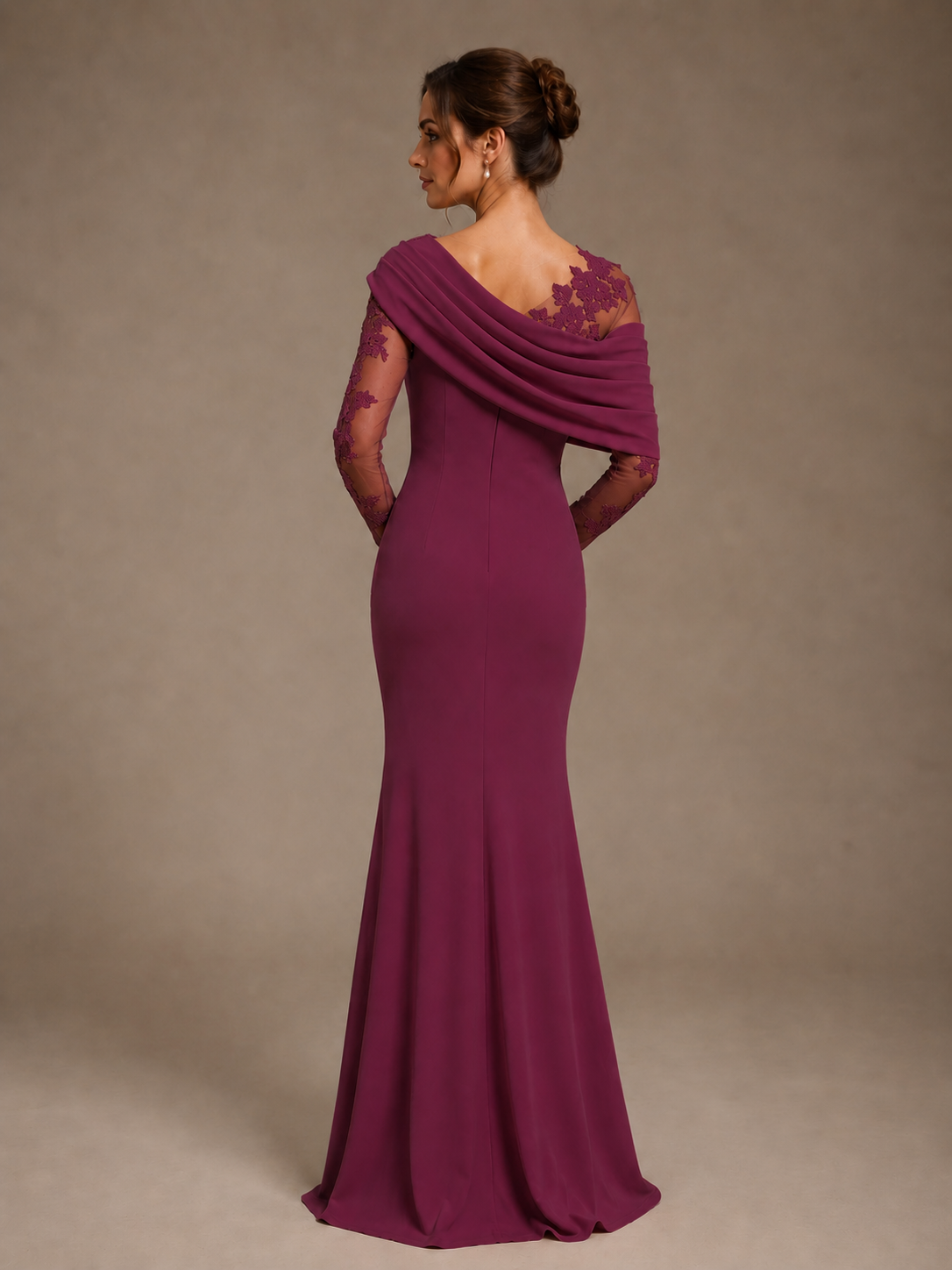 Dusty Rose Illusion Long Sleeve Chiffon Applique Mother of The Bride Dress