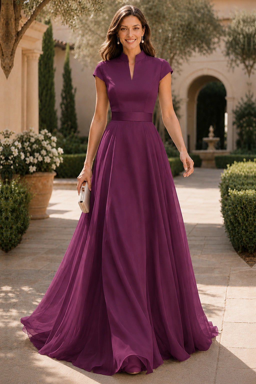V Neck Cap Sleeve A-Line Floor-Length Satin Bridesmaid Dress