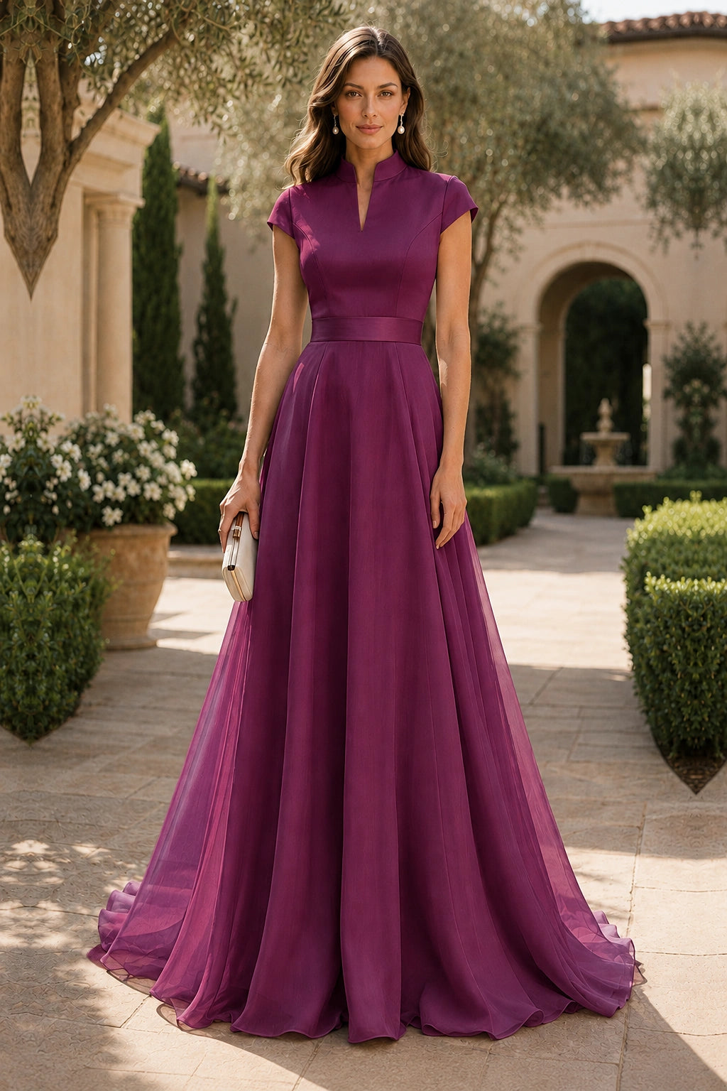 V Neck Cap Sleeve A-Line Floor-Length Satin Bridesmaid Dress