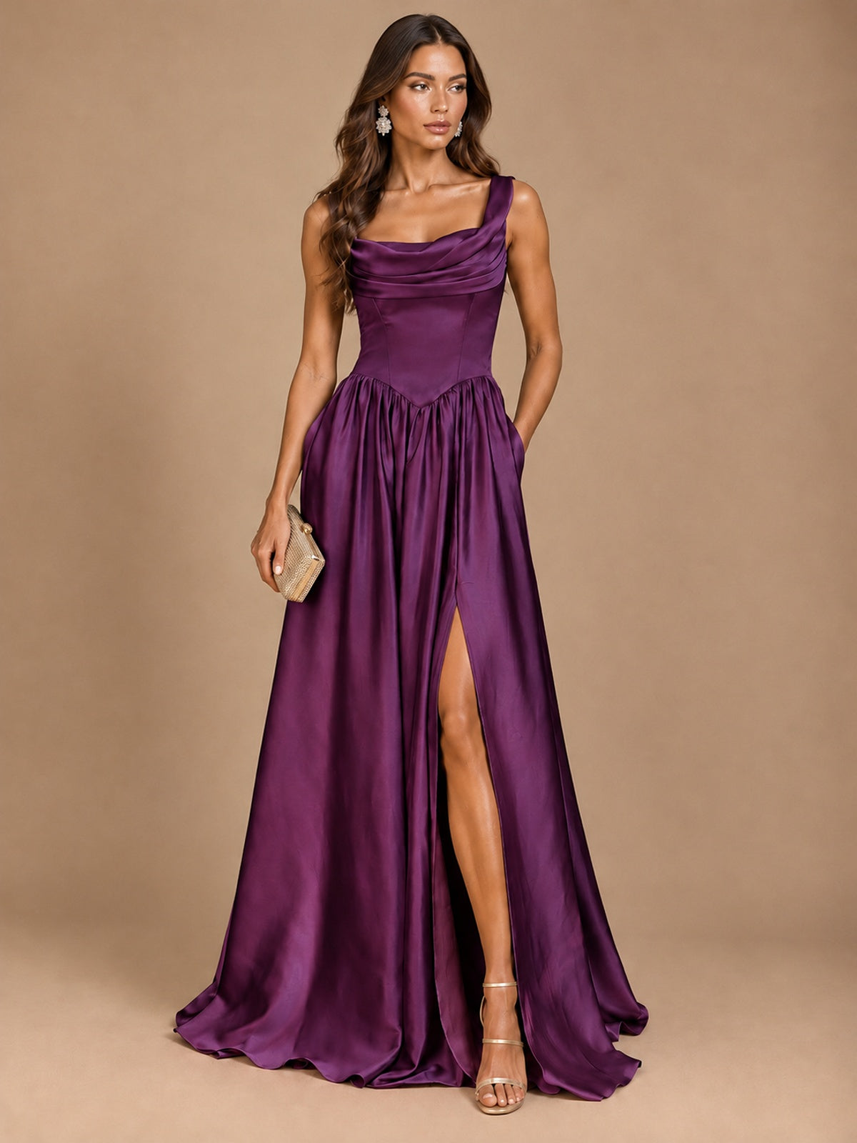 Cowl Neck Pleated Satin Prom Dress with Pockets & Slit Maxi Formal Gowns