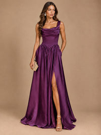Cowl Neck Pleated Satin Prom Dress with Pockets & Slit Maxi Formal Gowns