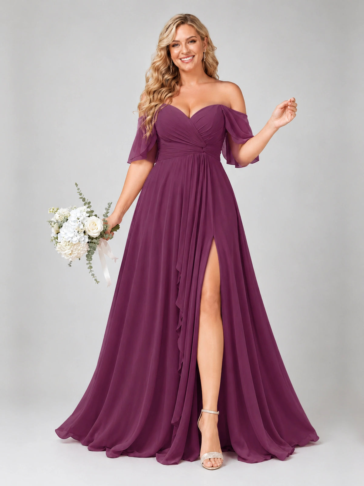 Off Shoulder Chiffon Bridesmaid Dress with Slit