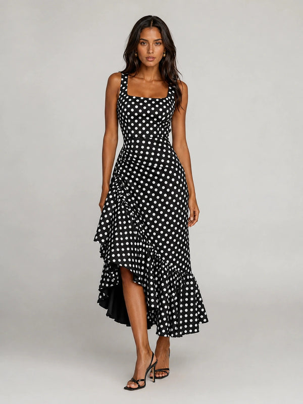 Black and White Polka Dot Ruffle Midi Dress