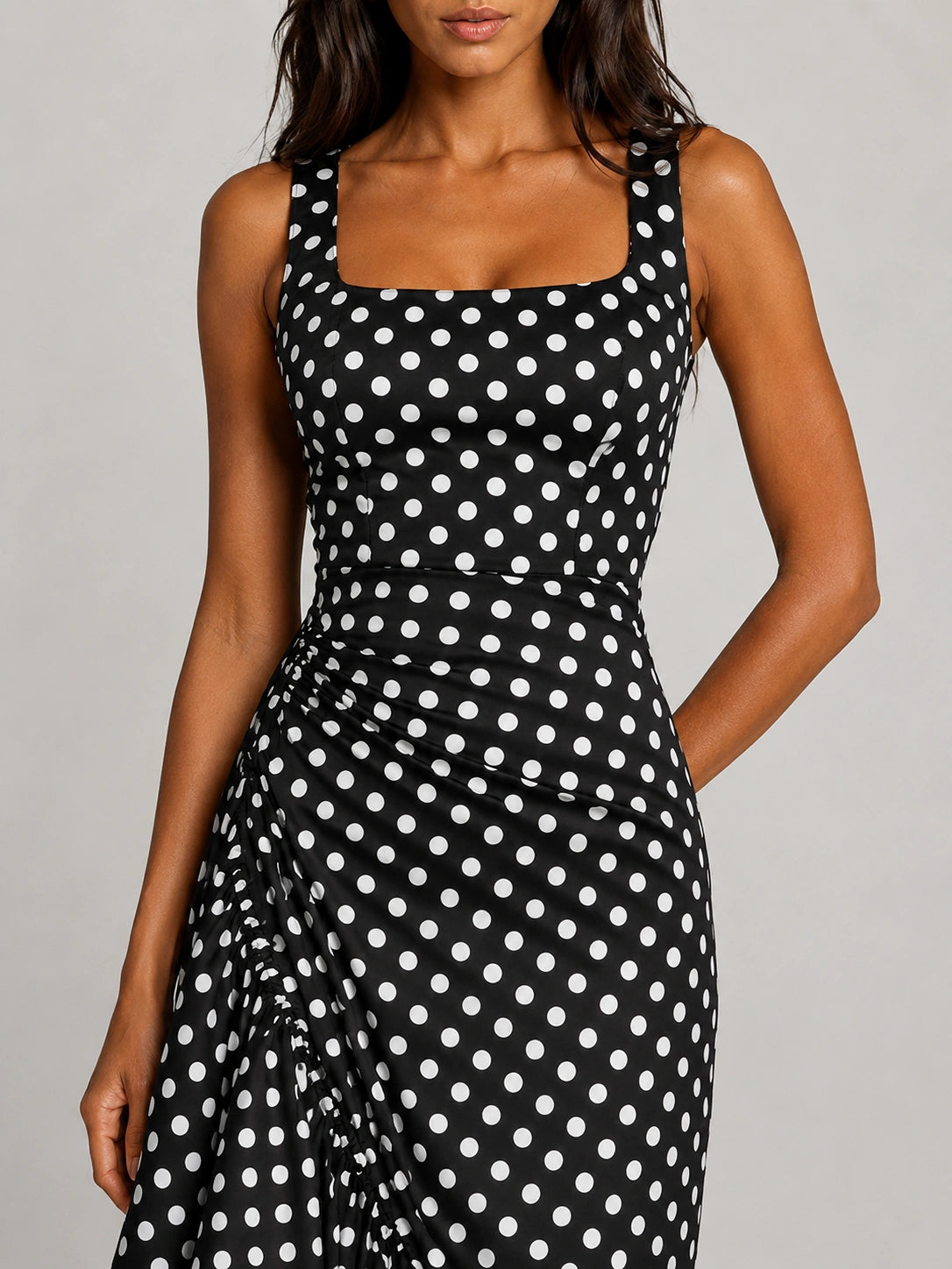Black and White Polka Dot Ruffle Midi Dress