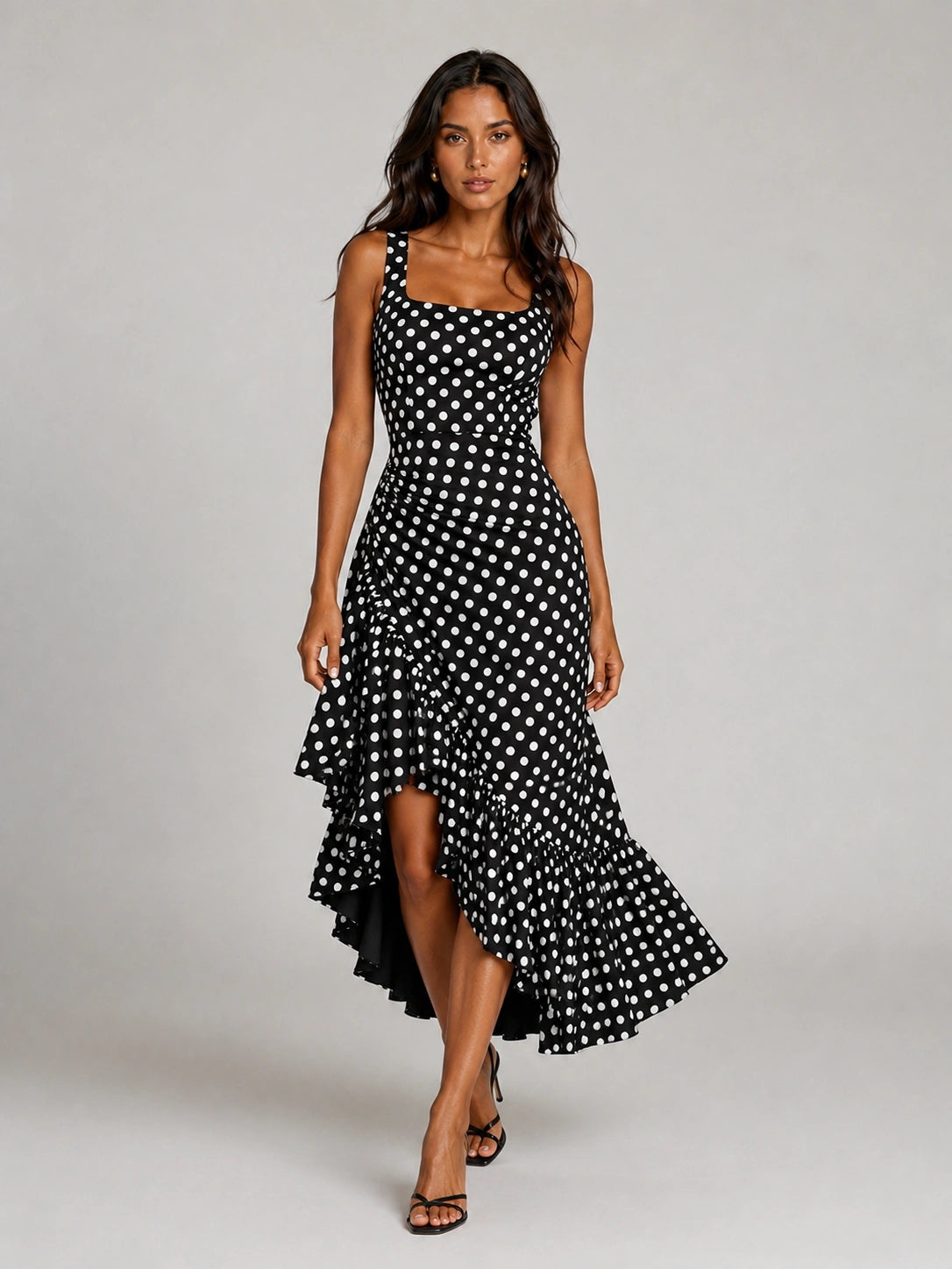 Black and White Polka Dot Ruffle Midi Dress