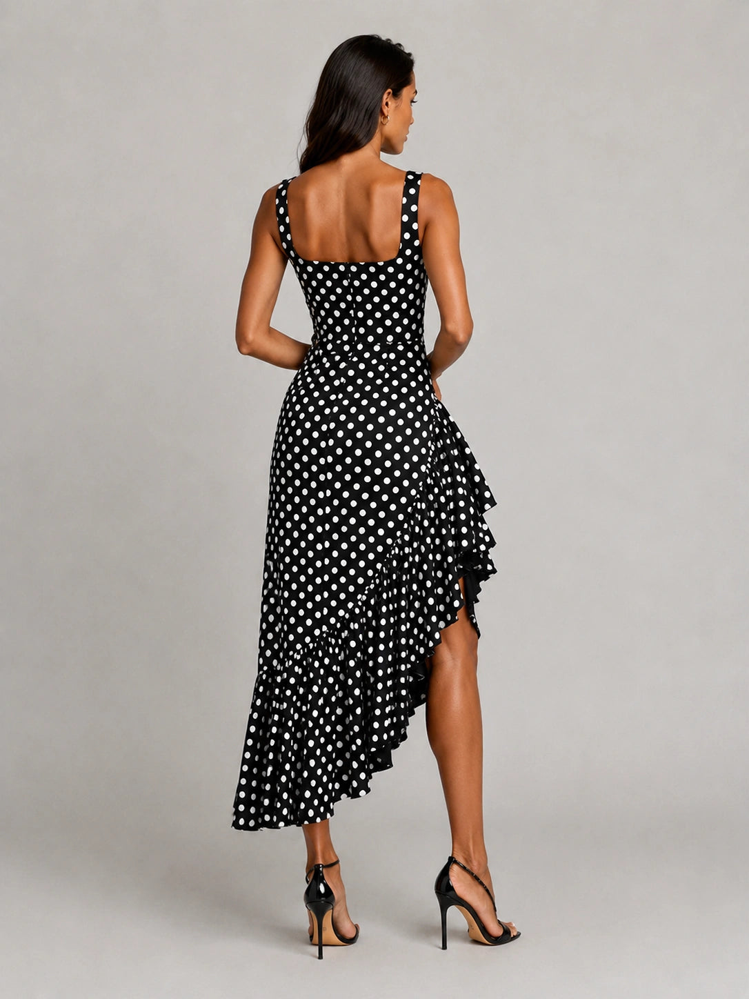 Black and White Polka Dot Ruffle Midi Dress