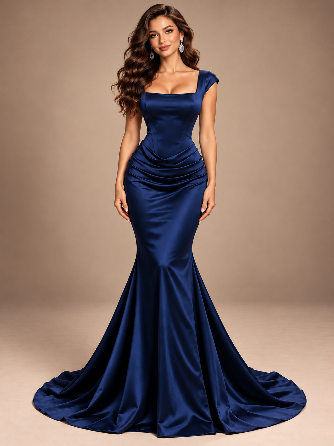 Navy Blue Square Neck Mermaid Pleated Satin Maxi Dress