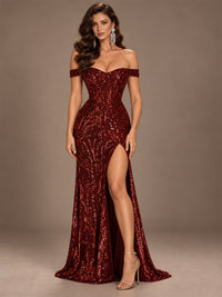 Off the Shoulder Corset Sequin Mermaid Prom Dress with Slit