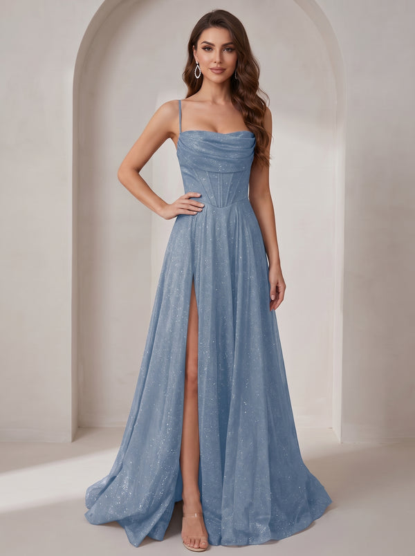 Dusty Blue Sparkly Cowl Neck Corset Long Prom Dress with Slit A-line Tulle Ball Gown Formal Evning Party Dress