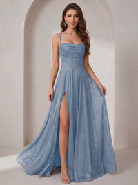 Sparkly Cowl Neck Corset Long Prom Dress with Slit A-line Tulle Ball Gown