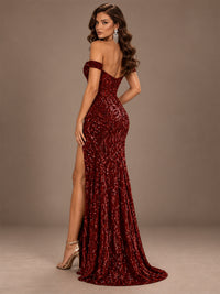 Off the Shoulder Corset Sequin Mermaid Prom Dress with Slit
