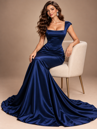 Navy Blue Square Neck Mermaid Pleated Satin Maxi Dress