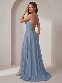 Sparkly Cowl Neck Corset Long Prom Dress with Slit A-line Tulle Ball Gown
