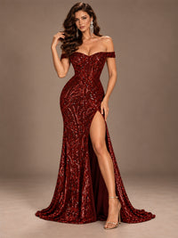 Off the Shoulder Corset Sequin Mermaid Prom Dress with Slit