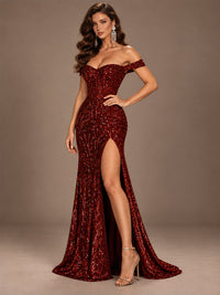 Off the Shoulder Corset Sequin Mermaid Prom Dress with Slit