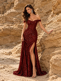 Off the Shoulder Corset Sequin Mermaid Prom Dress with Slit