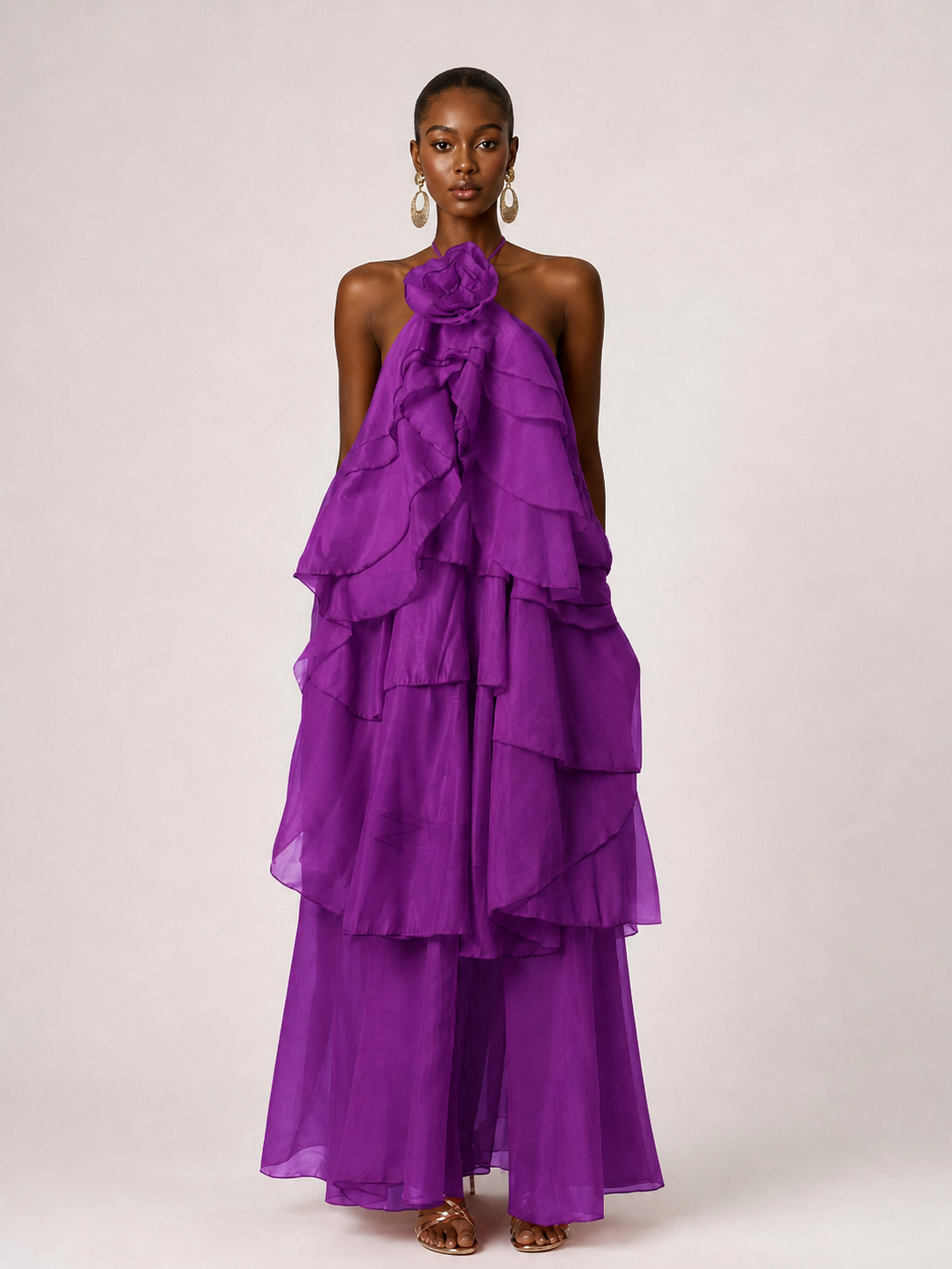 Orange Chiffon Halter Ruffle Maxi Dress with 3D Flower
