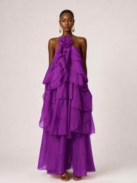Orange Chiffon Halter Ruffle Maxi Dress with 3D Flower