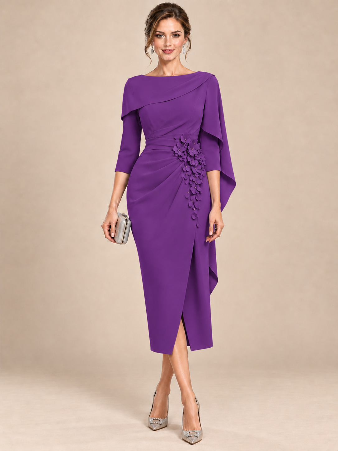 Light Blue Cape Sleeve Mother of the Bride Midi Dress with Floral Applique
