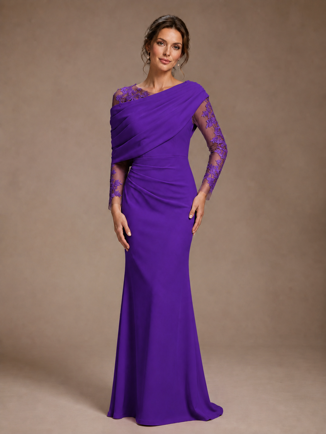 Dusty Rose Illusion Long Sleeve Chiffon Applique Mother of The Bride Dress