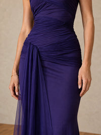 Purple Strapless Ruched Chiffon Maxi Dress with Draped Sash