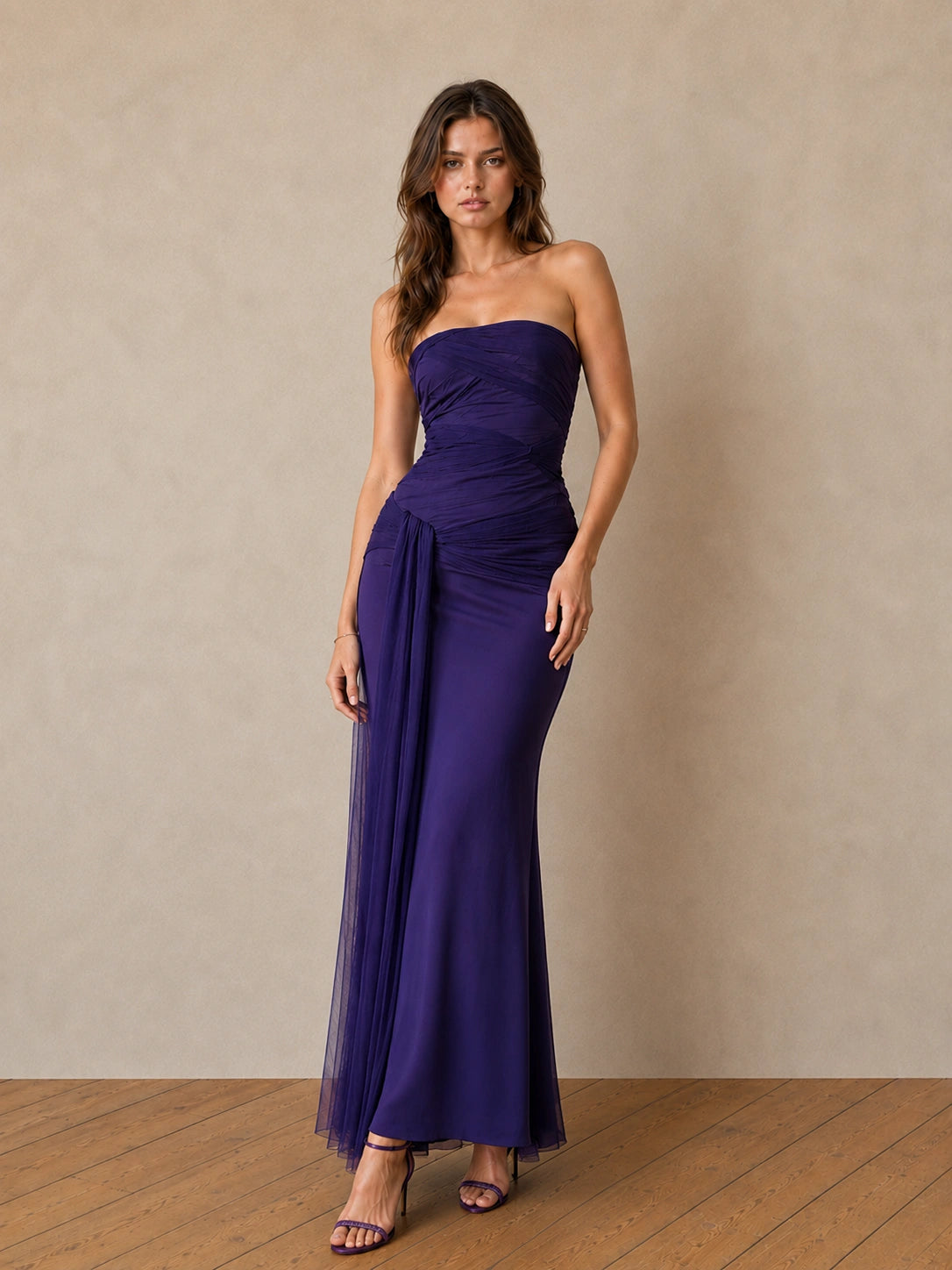 Purple Strapless Ruched Chiffon Maxi Dress with Draped Sash