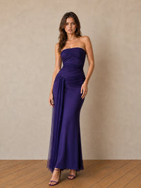 Purple Strapless Ruched Chiffon Maxi Dress with Draped Sash