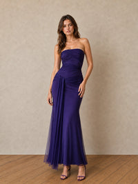 Purple Strapless Ruched Chiffon Maxi Dress with Draped Sash