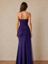 Purple Strapless Ruched Chiffon Maxi Dress with Draped Sash