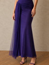 Purple Strapless Ruched Chiffon Maxi Dress with Draped Sash