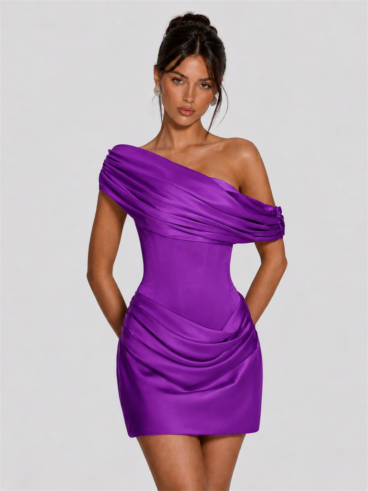 Strapless Satin Corset Homecoming Dress with Detachable Off-Shoulder Drape