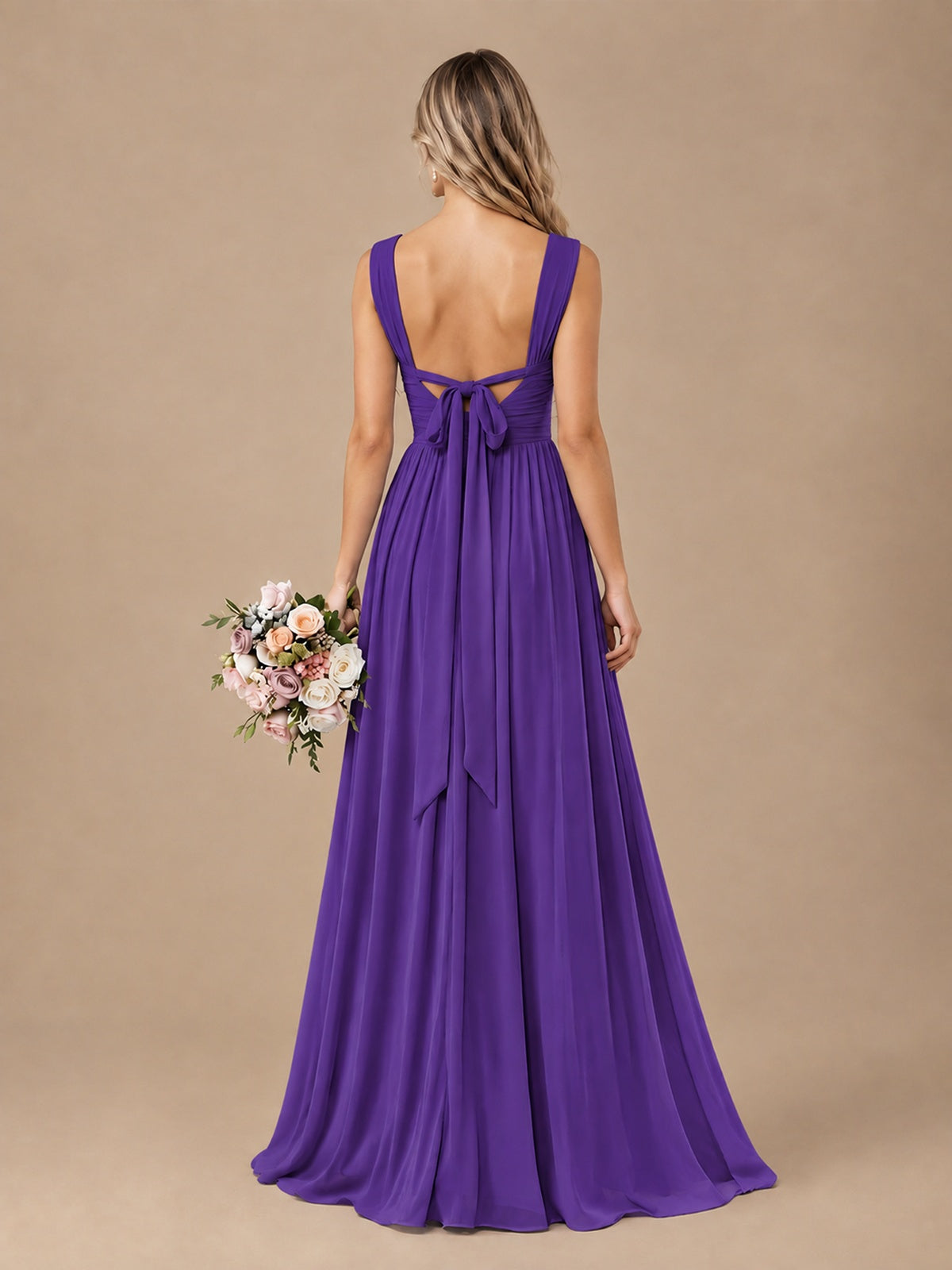 Pleated Chiffon V Neck Wedding Bridesmaid Dresses Floor Length with Slit