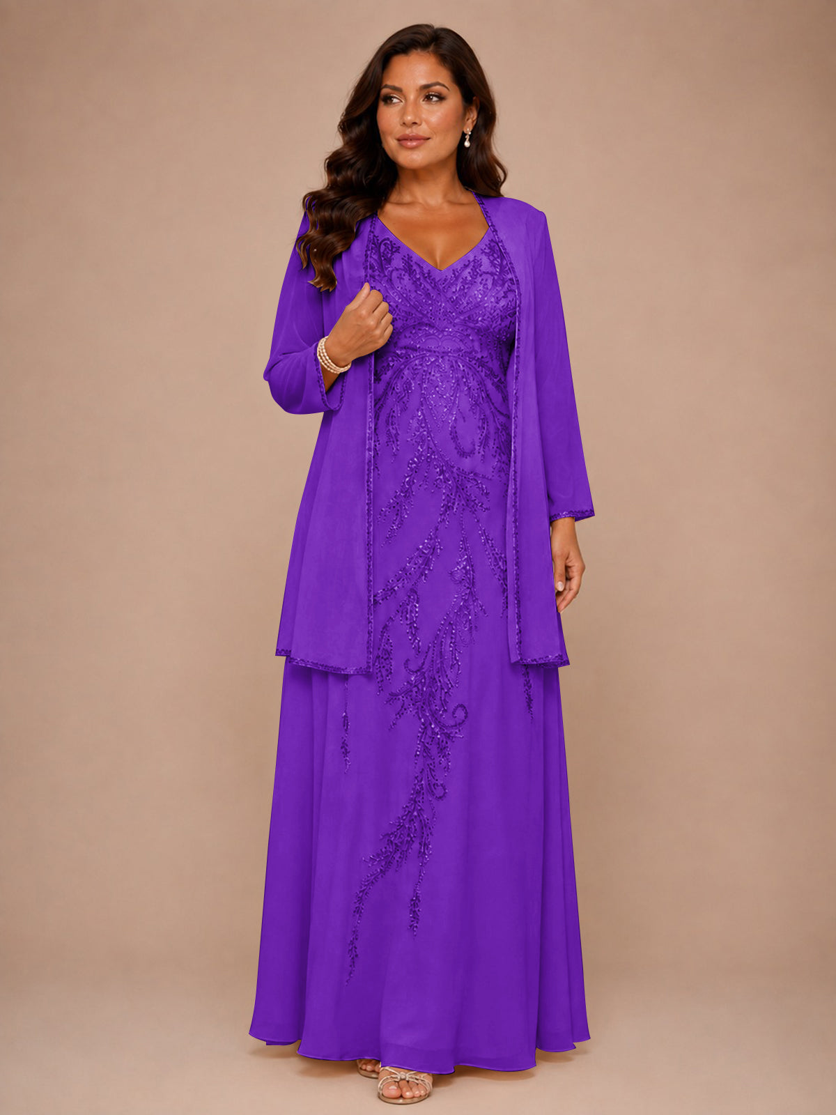 Champagne Beaded Chiffon Mother of the Bride Dress with Jacket V-Neck Gown