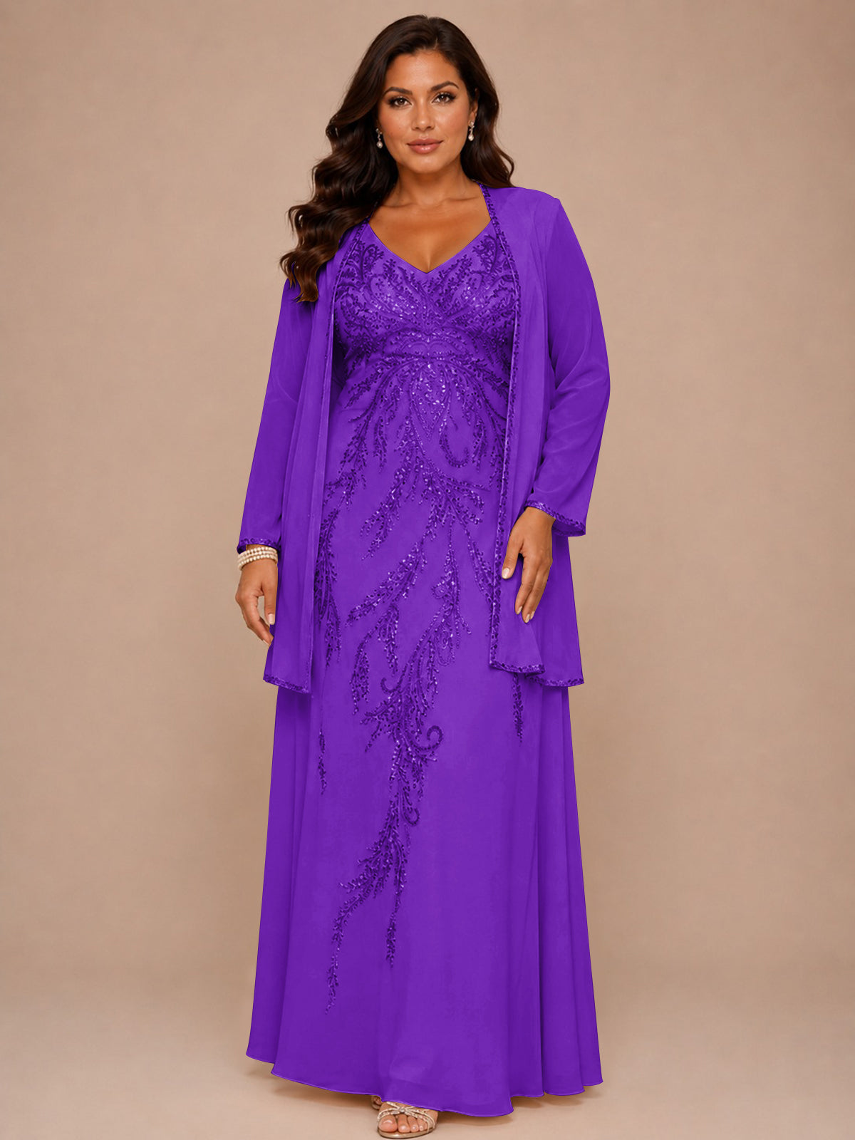 Champagne Beaded Chiffon Mother of the Bride Dress with Jacket V-Neck Gown