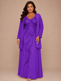 Champagne Beaded Chiffon Mother of the Bride Dress with Jacket V-Neck Gown