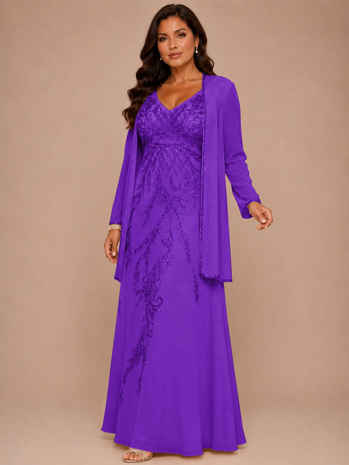 Champagne Beaded Chiffon Mother of the Bride Dress with Jacket V-Neck Gown