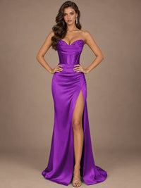 Dusty Blue Strapless Lace Corset Prom Dress with High Slit