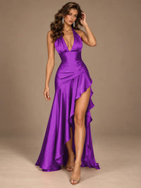 Burgundy Halter Deep V-Neck Ruched High Slit Ruffle Prom Dress