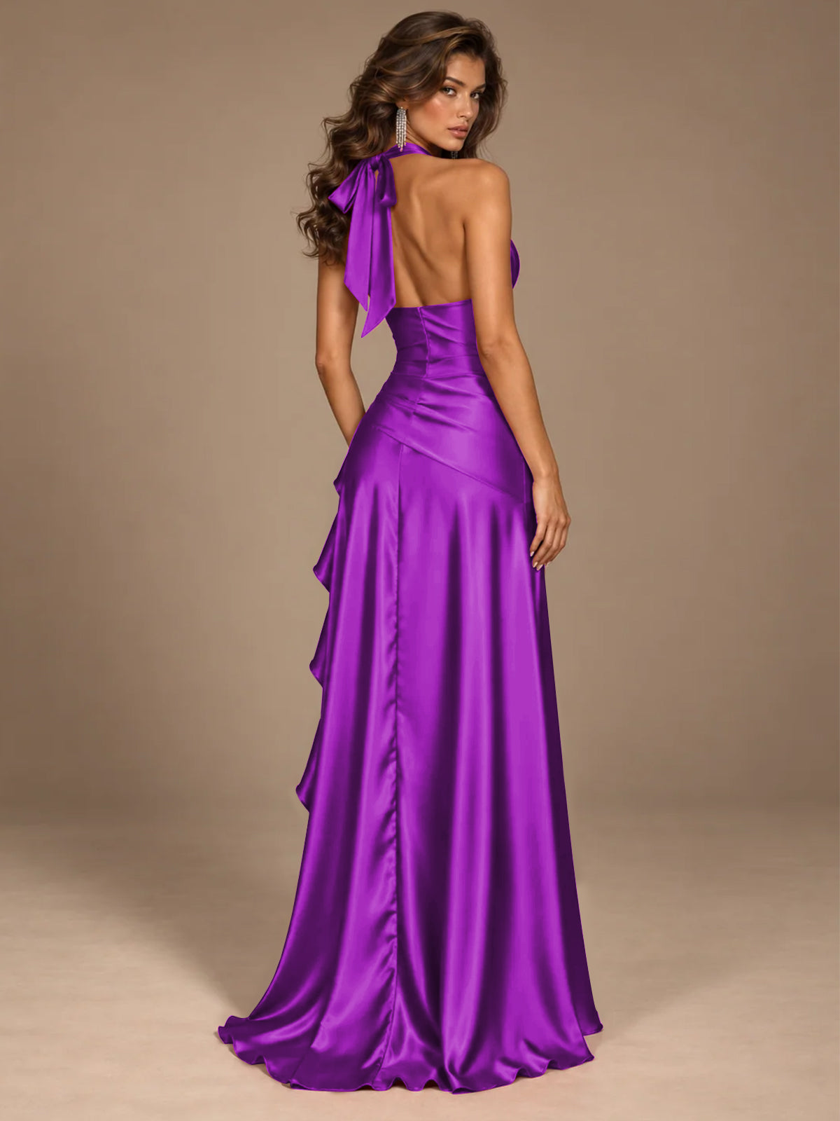 Burgundy Halter Deep V-Neck Ruched High Slit Ruffle Prom Dress