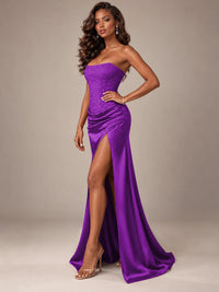 Burgundy Strapless Sparkly Corset Prom Dress with High Slit