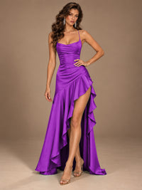 Burgundy Spaghetti Strap Ruched Prom Dress with Ruffled High Slit